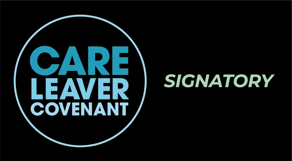 The Care Leaver Covenant logo with the words "Care Leaver Covenant" in blue, inside a circle, and "Signatory" in light green on a black background.