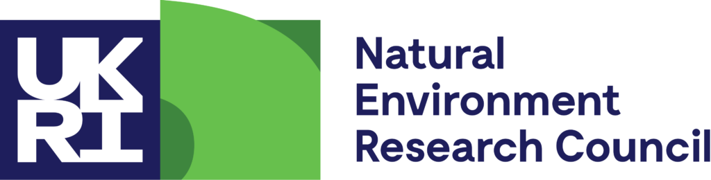 UKRI logo with bold white letters on a dark blue square next to a green abstract shape, and the words "Natural Environment Research Council" in dark blue text on a light background.