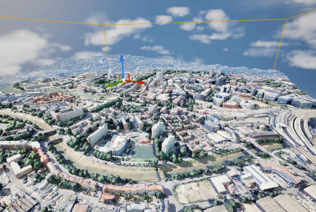 A 3D aerial view of a city with densely packed buildings, green spaces, and winding roads. There are red and blue highlighted areas in the city center, and a yellow outline encircles part of the city.