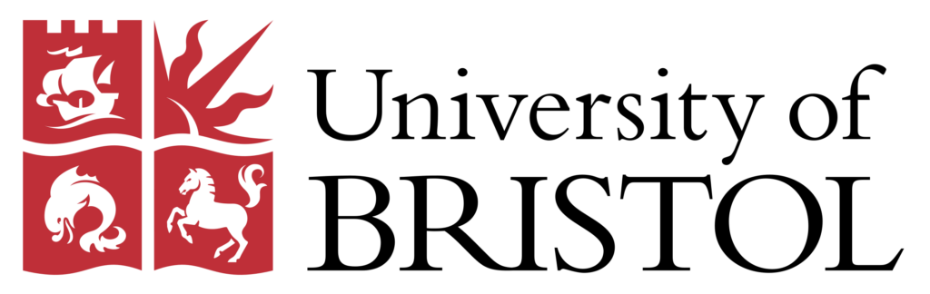 University of Bristol logo featuring a red and white shield with four symbols—a ship, a sunburst, a dolphin, and a horse—next to the text "University of BRISTOL" in black letters.