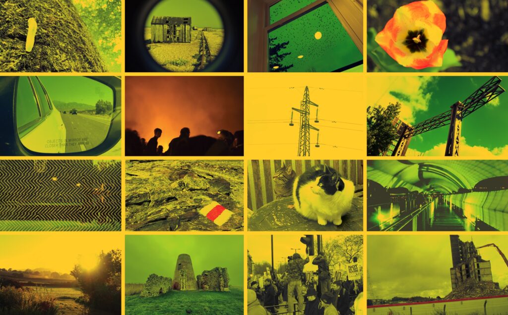 A collage of sixteen images, each tinted yellow or green, featuring nature, buildings, people, vehicles, a cat, flowers, signs, architectural structures, and patterns, arranged in a four-by-four grid.