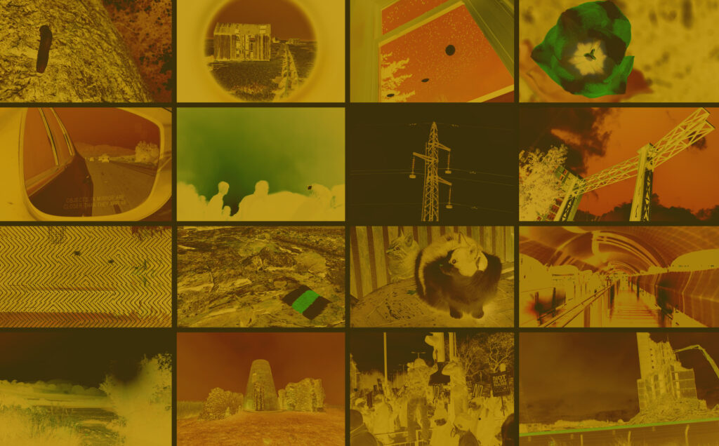 A collage of 20 rectangular photos arranged in a grid, each showing different objects or scenes in high-contrast, inverted or false colors, including landscapes, animals, structures, and abstract patterns.