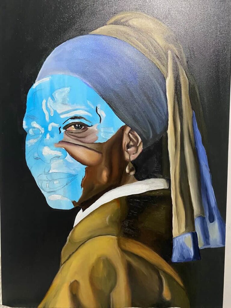 A painting of a woman in a headscarf, inspired by "Girl with a Pearl Earring," with part of her face painted in light blue, contrasting with the rest in natural tones. The background is black.