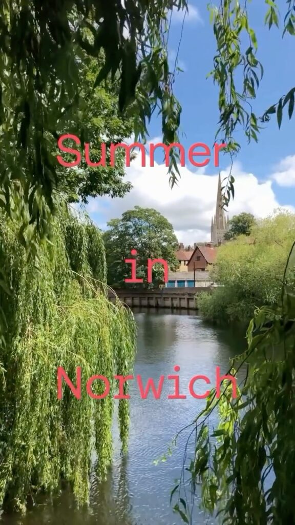 A leafy riverbank frames a calm river with a church spire and buildings in the background. The words "Summer in Norwich" appear in pink text over the image.