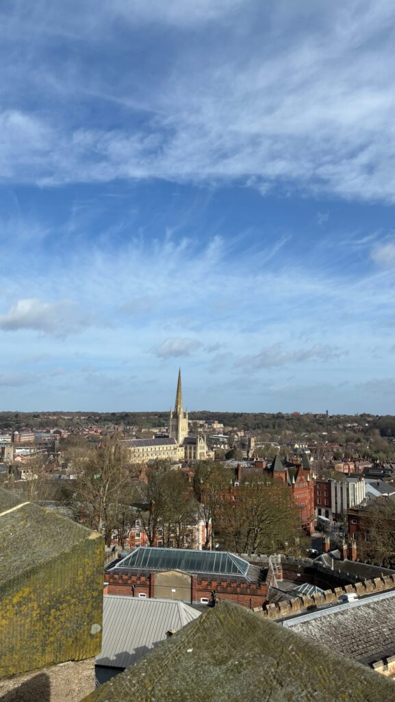 A scenic view of a city with red-brick buildings, trees, and a prominent church with a tall spire in the center, under a blue sky with scattered clouds. Stone walls are visible in the foreground.