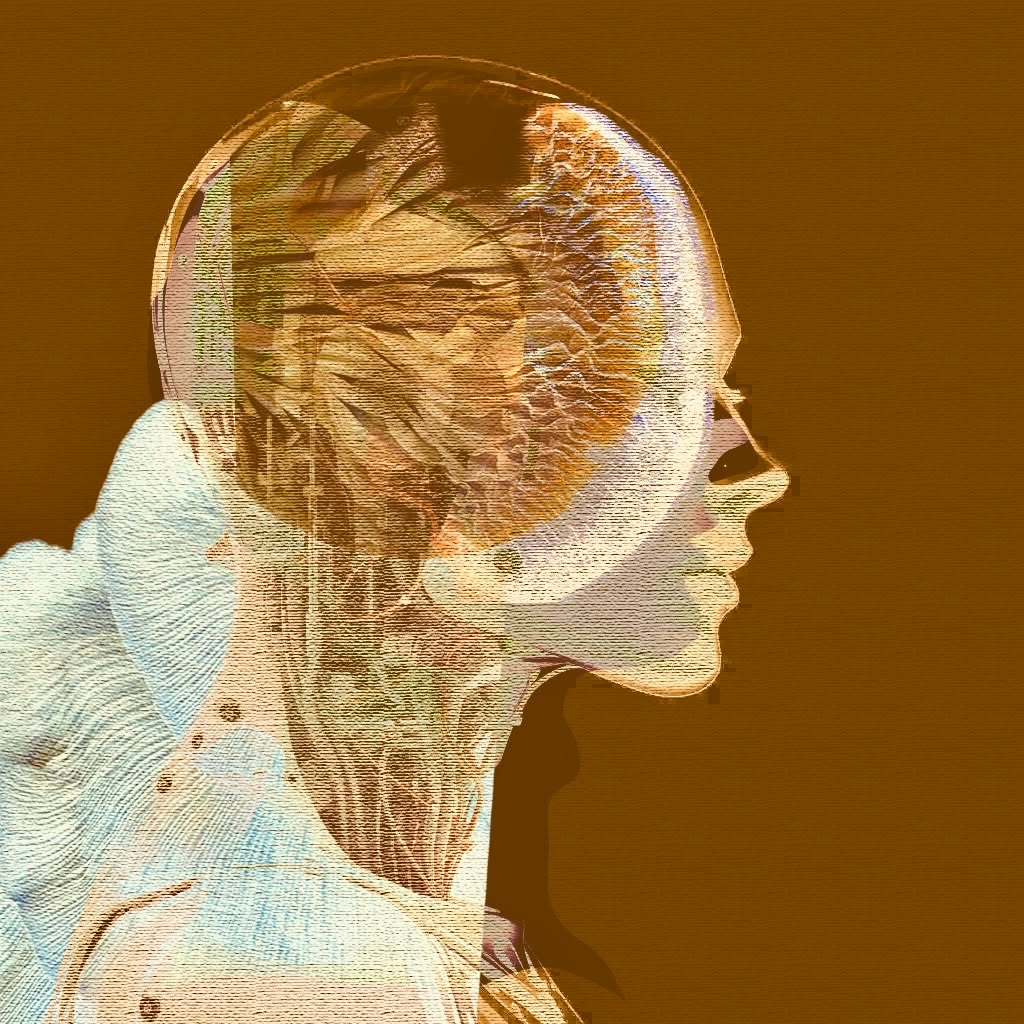 A stylized digital illustration of a human head in profile, blending organic and mechanical elements, with visible muscles and circuitry, set against a brown background.