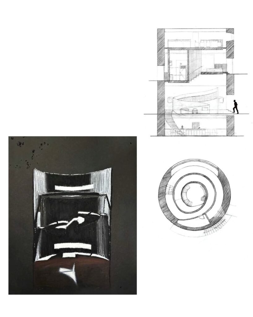 A collage of architectural drawings: at top right, two black-and-white section views of a building; below them, a circular floor plan; on the left, a shaded perspective sketch with dramatic light and shadow.