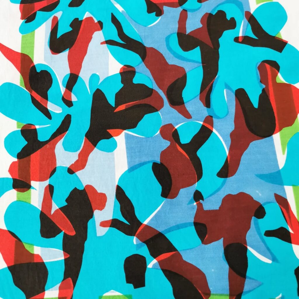 Abstract pattern with overlapping blue, red, and black human silhouettes and organic shapes on a white background, creating a layered, dynamic design. Green and blue vertical lines border the composition.