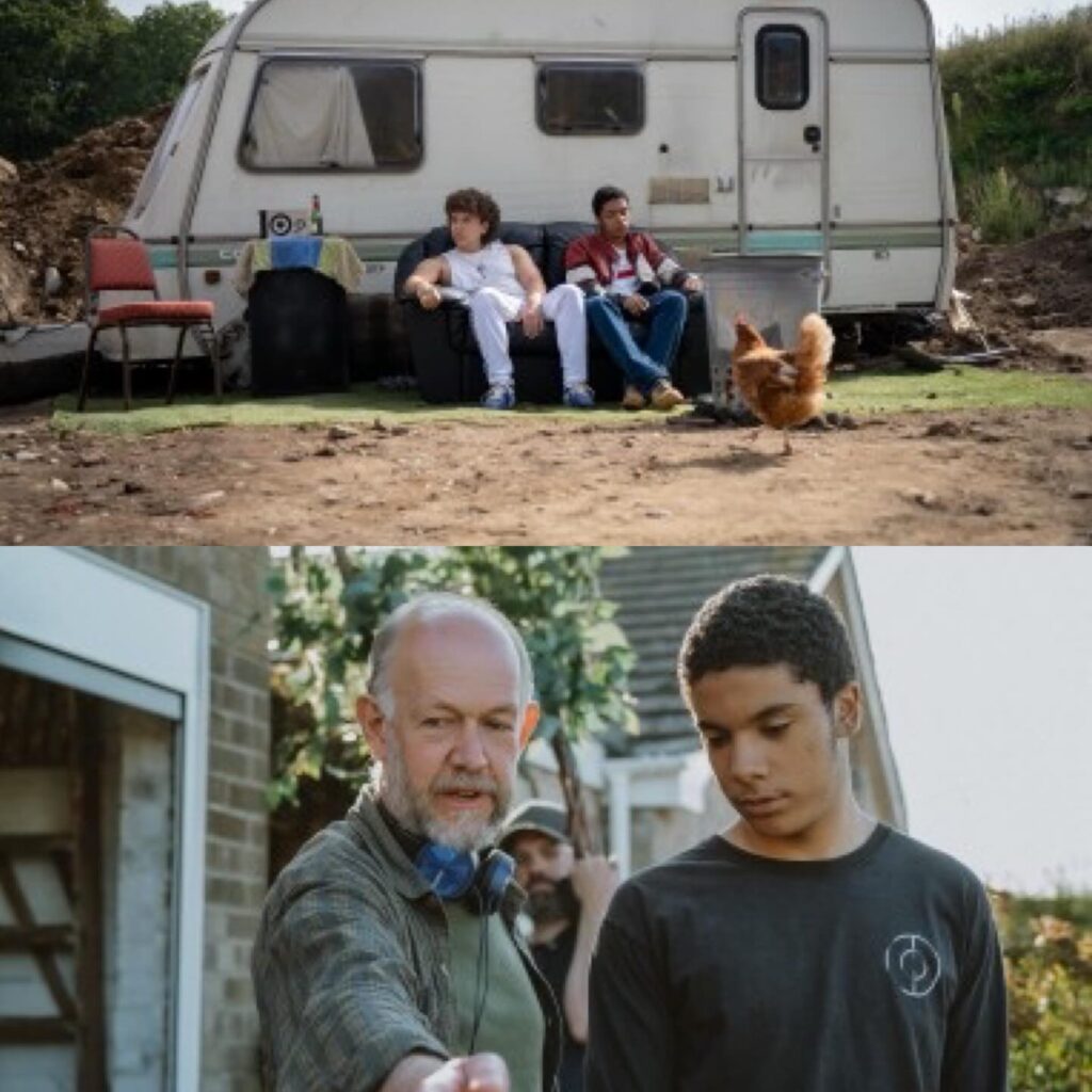 Top: Two young men sit on an old couch outside a trailer with a chicken nearby. Bottom: An older man gestures while talking to a teen boy outdoors, both focused on something out of view.