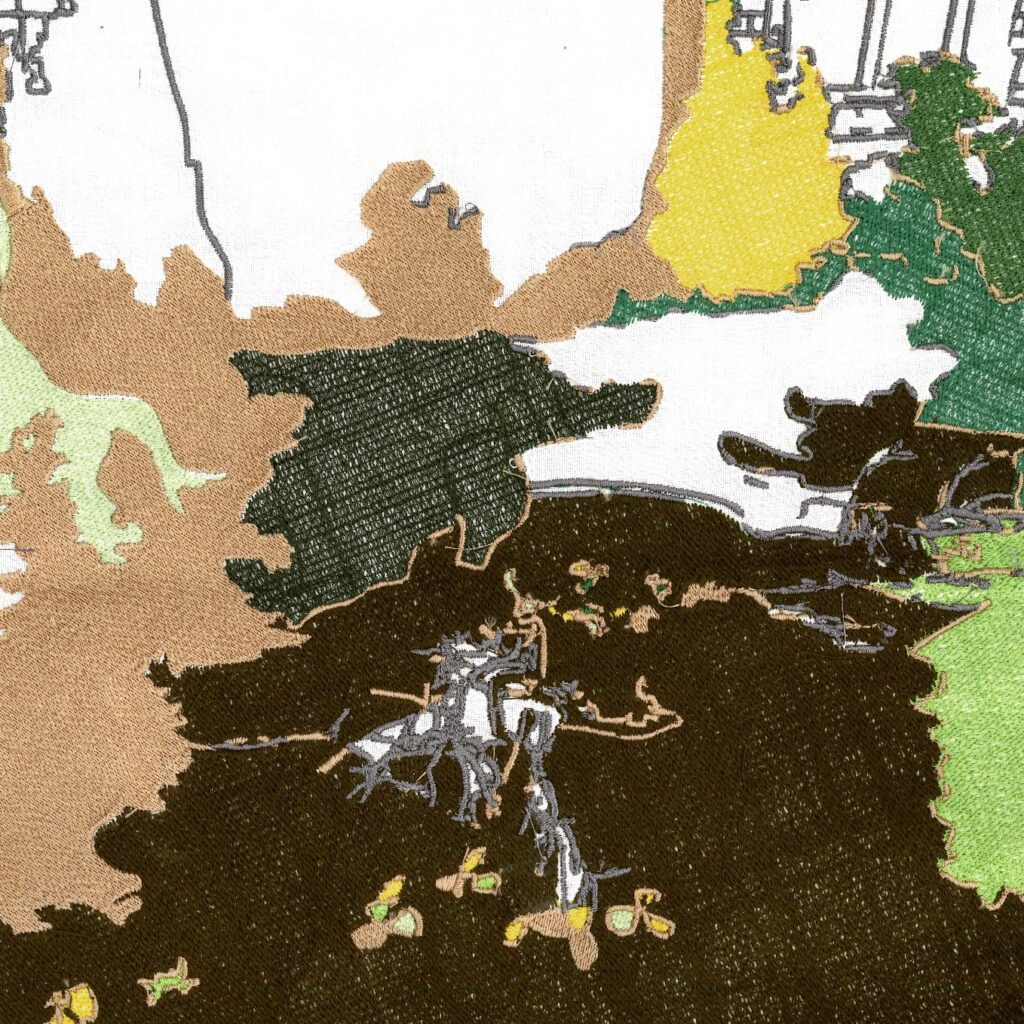 Abstract digital illustration with earthy tones, showing irregular patches of brown, green, yellow, and white, with some black outlines and sketch-like details, resembling a stylized landscape or terrain map.