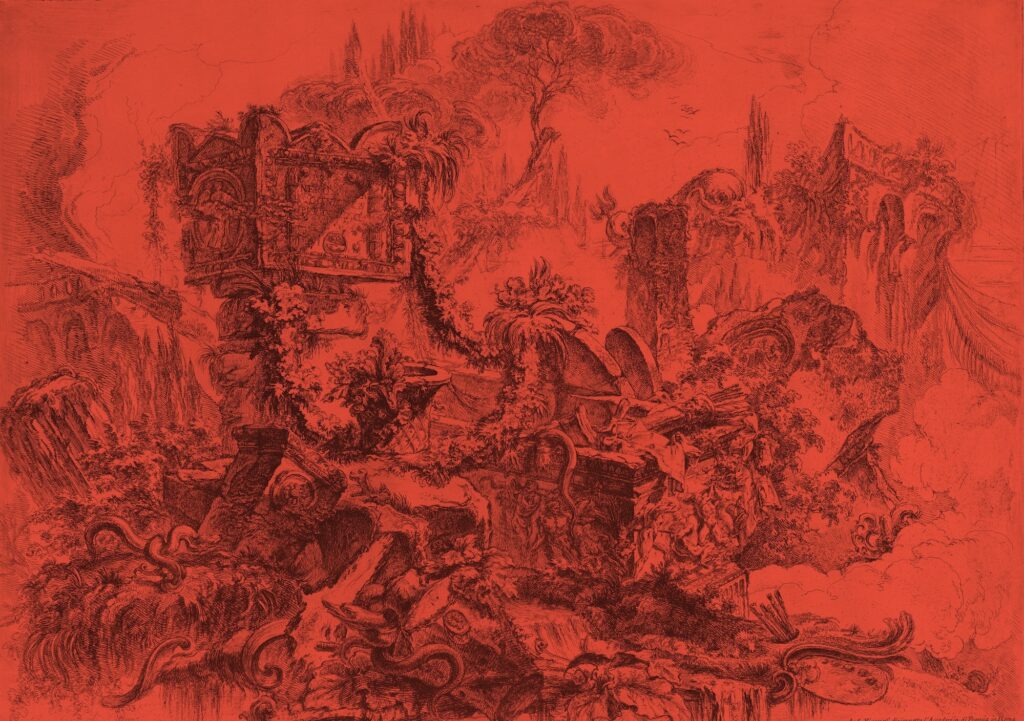 Intricate drawing of ancient ruins overgrown with plants and trees, scattered columns and broken statues, set in a detailed, fantastical landscape. The image has a red monochrome filter.