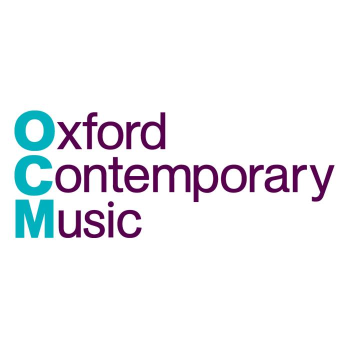Logo for Oxford Contemporary Music. The initials "OCM" are stacked vertically in teal on the left, inspired by an underwater palette, with the words "Oxford Contemporary Music" in purple, aligned horizontally to the right.