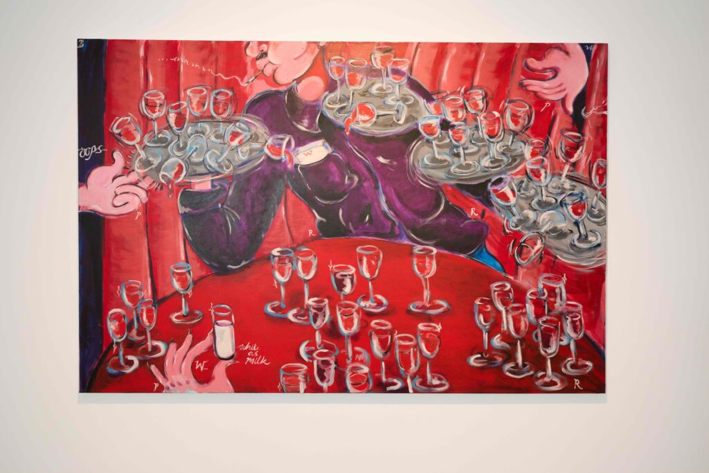 A colorful painting shows several hands serving and holding trays full of wine glasses, with many more glasses scattered on a red table. The background is red, and abstract figures appear behind the glasses.