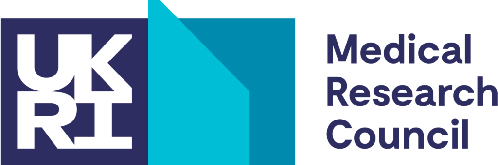 UKRI Medical Research Council logo with bold white "UKRI" letters on a navy background, a turquoise geometric shape, and "Medical Research Council" written in dark blue text on the right.