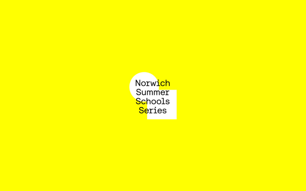 Black text reading "Norwich Summer Schools Series" appears overlaid on a pale square and circle, centered on a bright yellow background.