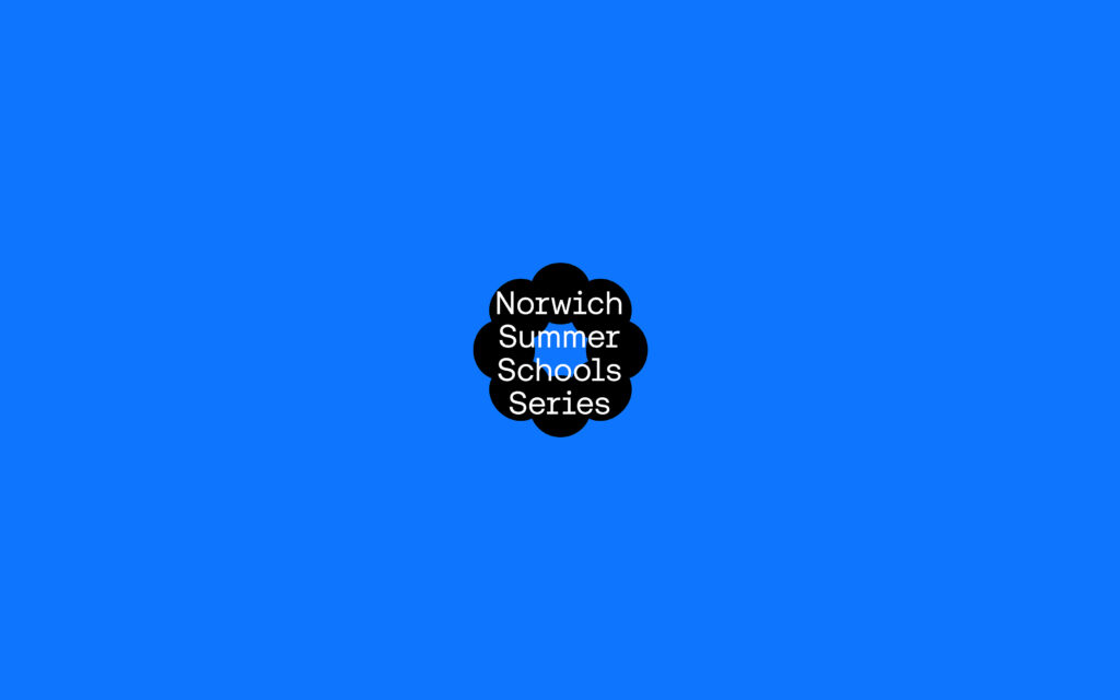 A black flower-shaped logo with white text reading "Norwich Summer Schools Series" is centered on a solid bright blue background.