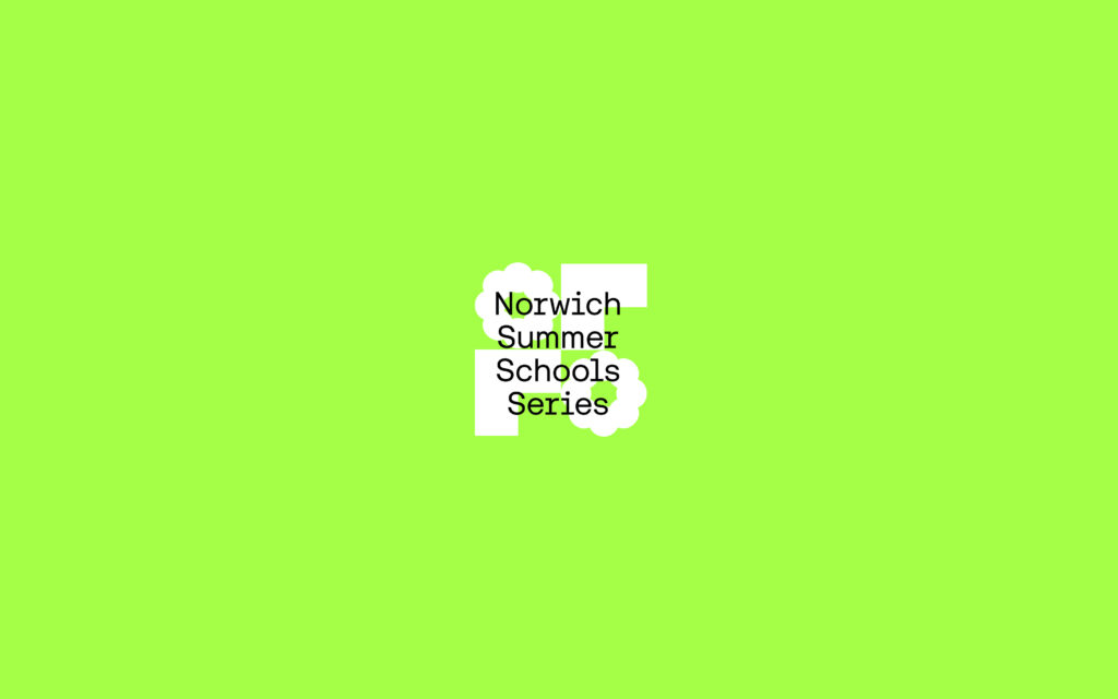 Centered on a bright lime green background, black text reads "Norwich Summer Schools Series," with parts of the text framed by irregular white cloud-like shapes.