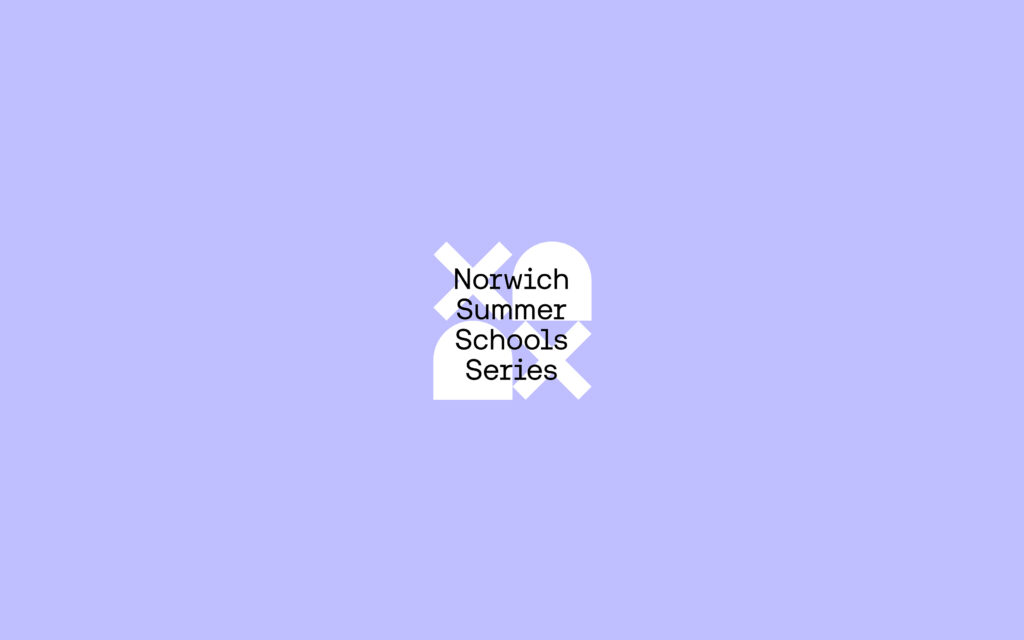 Centered on a light purple background, white abstract shapes overlap behind black text that reads "Norwich Summer Schools Series.