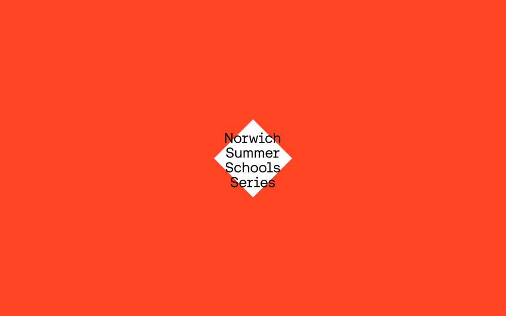 A white diamond with the text "Norwich Summer Schools Series" in black font is centered on a solid orange background.