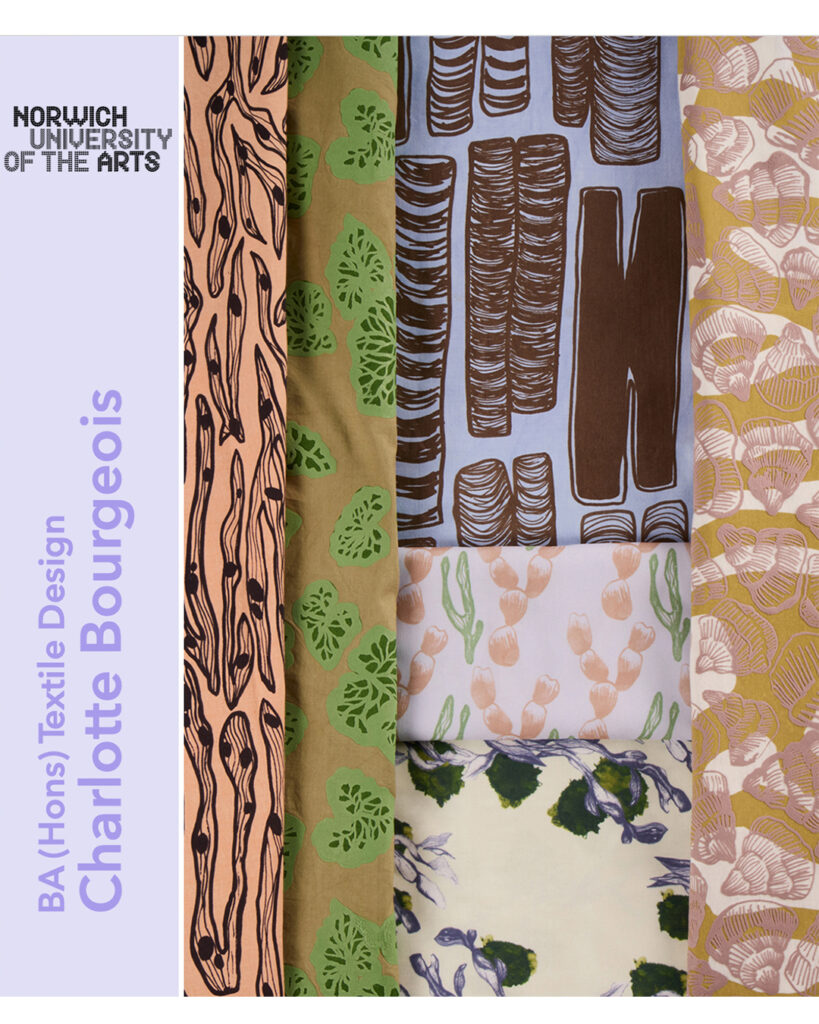 Six patterned textile fabrics in earthy tones are arranged vertically. Each features unique hand-drawn designs. Text on the left reads: "Norwich University of the Arts. BA (Hons) Textile Design Charlotte Bourgeois.