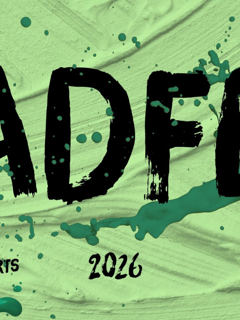 Large, bold, black paintbrush-style letters and numbers reading “ADF” and “2026” on a textured green background with teal paint splatters.