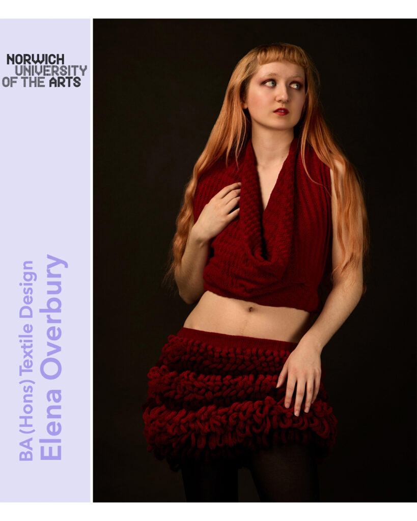 A student named Elena Overbury wears a red knit top and skirt. The university logo and her name are on the left.