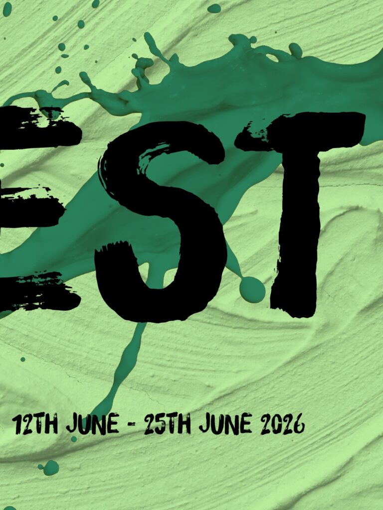 Green textured background with bold black partially visible text and paint splashes. Dates "12th June - 25th June 2026" appear at the bottom in a handwritten-style font.