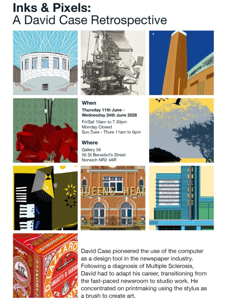 A poster for "Inks & Pixels: A David Case Retrospective" with event details, nine digitally illustrated artworks, and a brief biography about David Case’s career and transition to printmaking after his MS diagnosis.