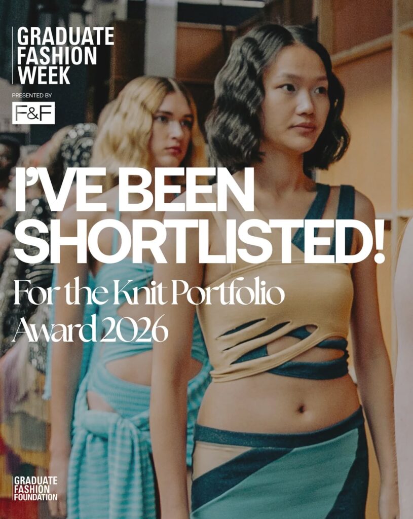 Three models wearing colorful, modern knitwear outfits walk a runway. Bold white text reads: "I'VE BEEN SHORTLISTED! For the Knit Portfolio Award 2026." Graduate Fashion Week branding appears at the top and bottom.