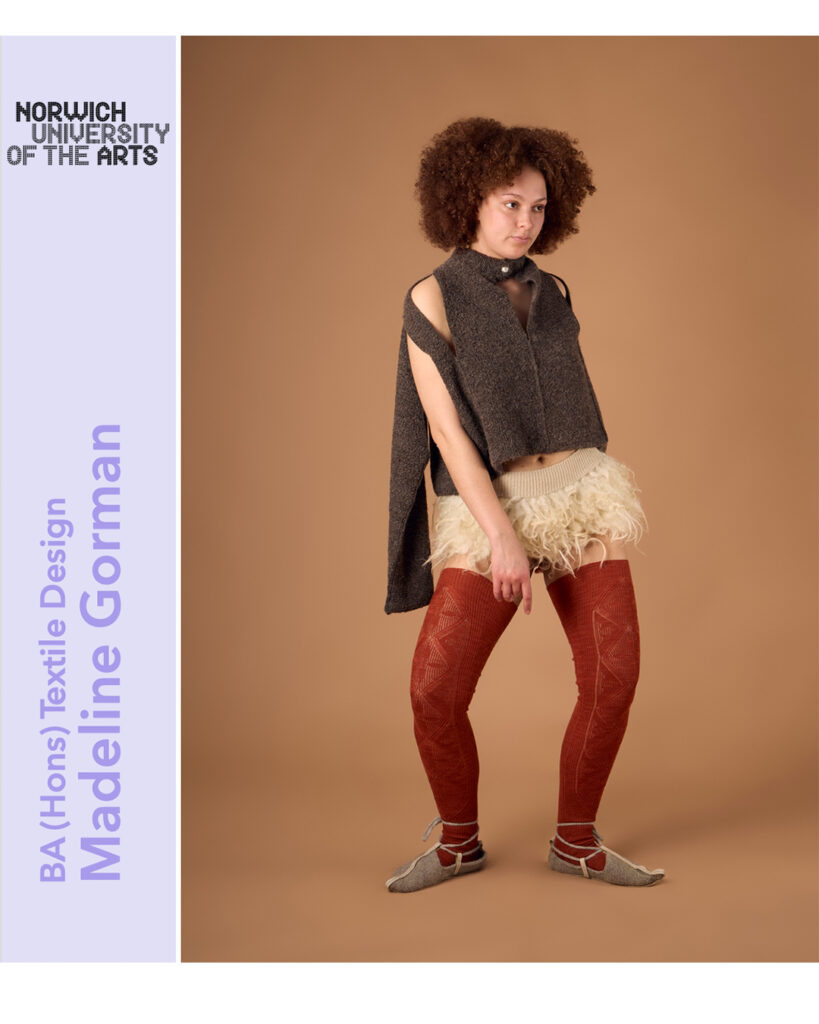 A woman with curly hair poses in a grey sleeveless top, cream ruffled shorts, burnt orange textured tights, and grey shoes. Text reads "NORWICH UNIVERSITY OF THE ARTS," "BA (Hons) Textile Design," and "Madeline Gorman.