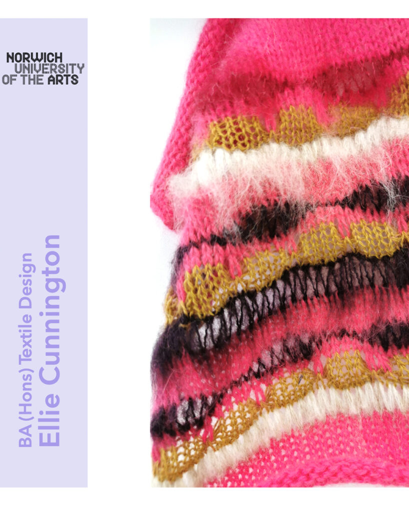 Close-up of a colorful, textured knitted textile with pink, white, green, and black stripes. On the left, text reads "Norwich University of the Arts, BA (Hons) Textile Design, Ellie Cunnington" on a light purple background.