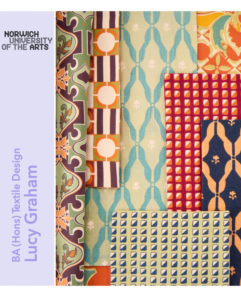 Norwich University of the Arts, BA (Hons) Textile Design, Lucy Graham. Collage of vibrant patterned fabrics in geometric and floral designs.