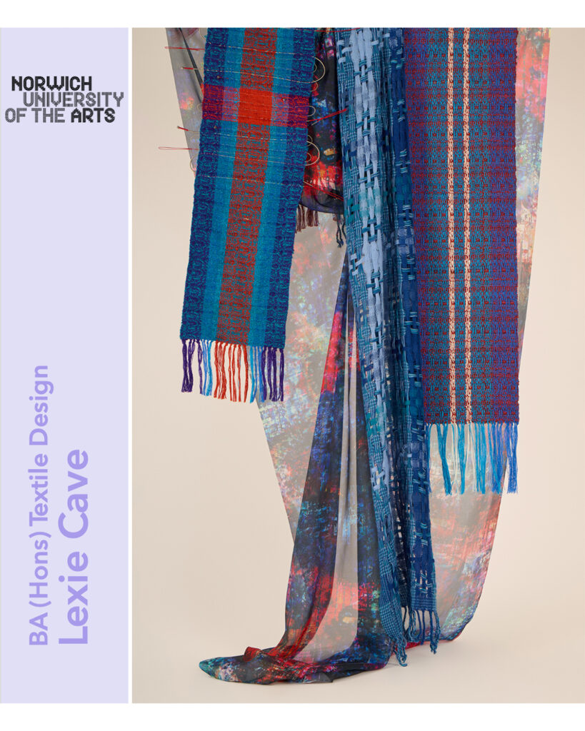 A display of colorful, woven textile pieces draped over sheer, multicolored fabric. Text on the left reads: "NORWICH UNIVERSITY OF THE ARTS, BA (Hons) Textile Design, Lexie Cave.