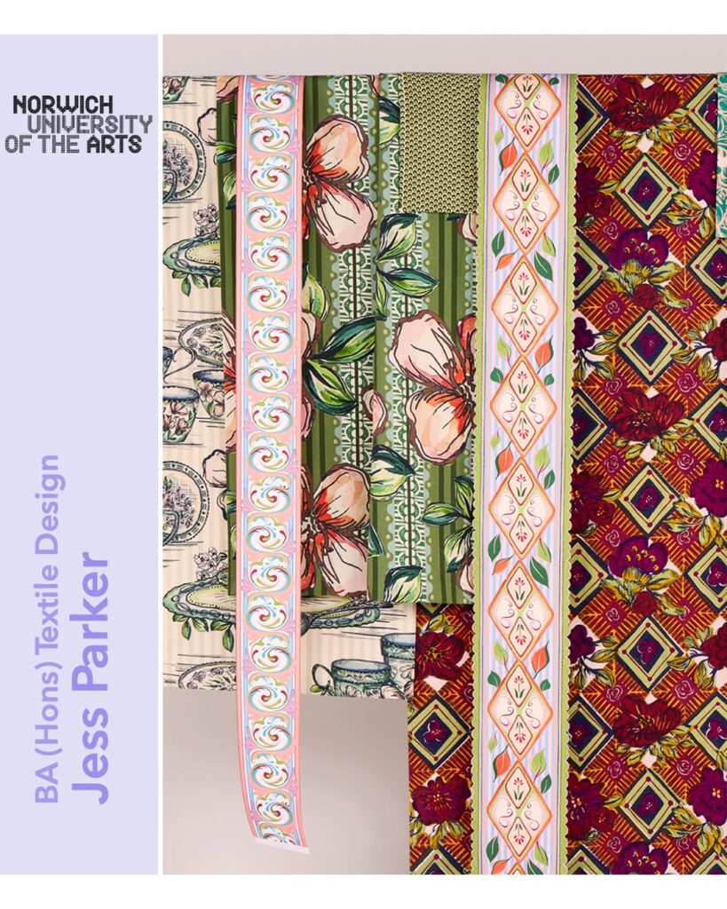 Several patterned fabrics with floral and geometric designs in green, red, and pink tones hang vertically. Left side features the Norwich University of the Arts logo and text: "BA (Hons) Textile Design Jess Parker.