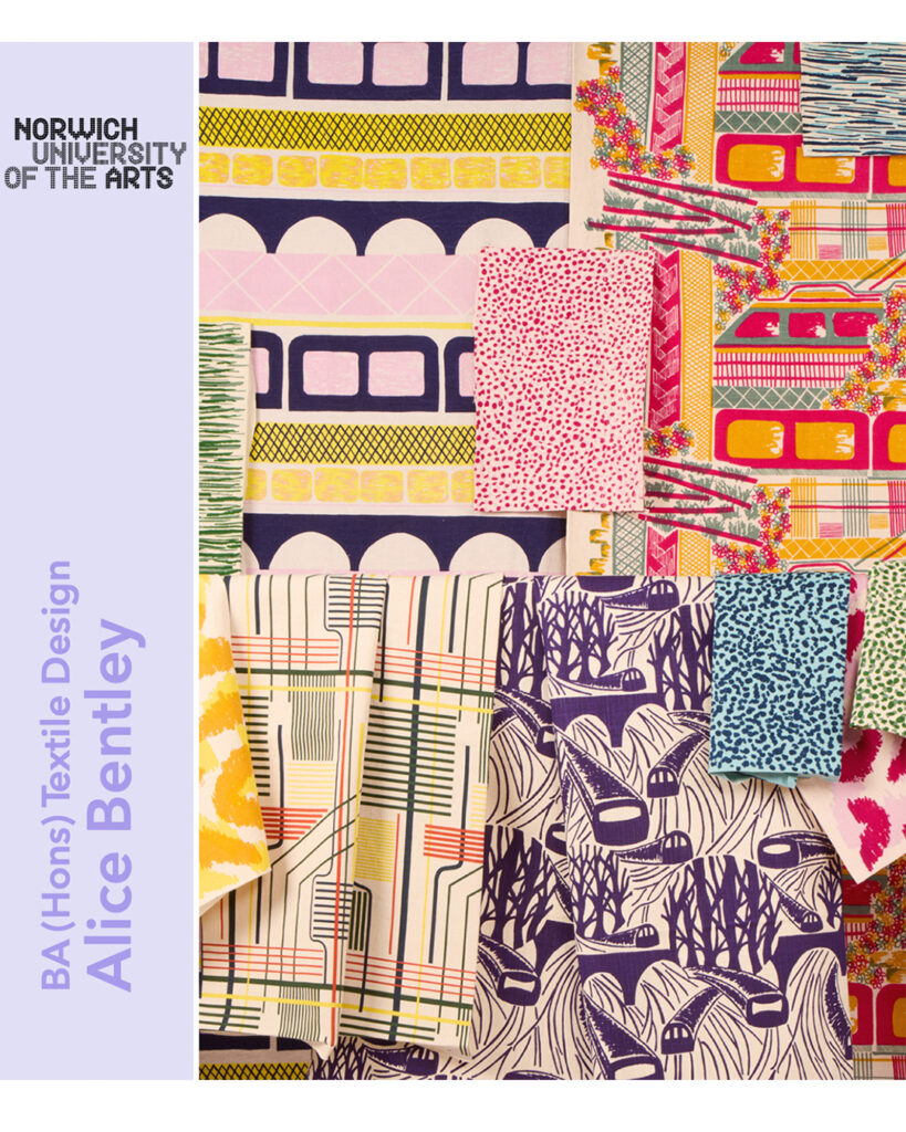 Assorted colorful textile patterns are arranged in overlapping layers, displayed alongside text reading "Norwich University of the Arts," “BA (Hons) Textile Design,” and "Alice Bentley" on a light purple background.