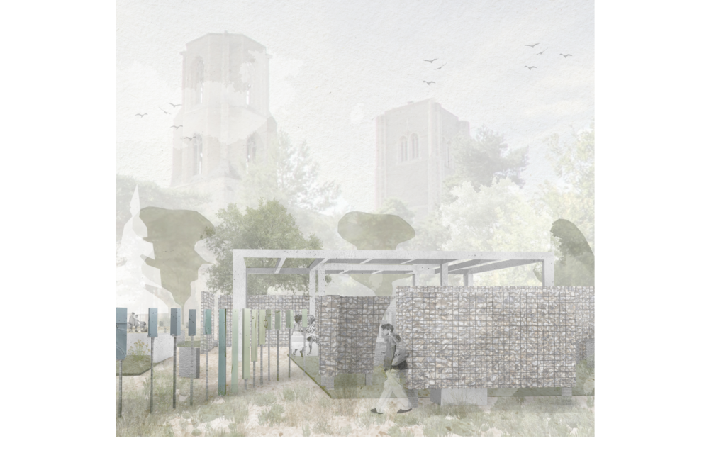 Architectural drawing of reimagined site. A person walks past a modern outdoor structure made of wire mesh and stones, with tall vertical panels nearby. Two people sit inside the structure. Trees and two large towers appear in the misty background. Birds fly in the sky above.