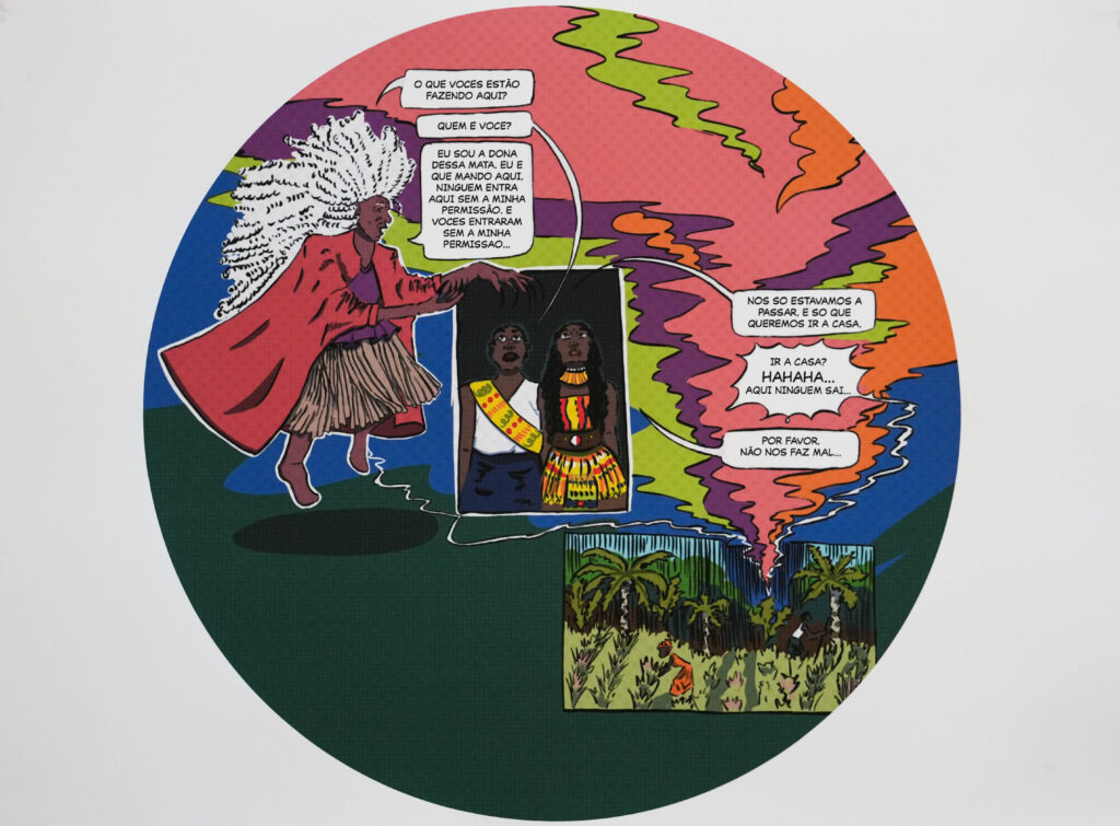 A person in vibrant clothing speaks to two people looking towards the sky. There is a multicoloured swirl drifting across the page from a forest scene in the bottom corner.