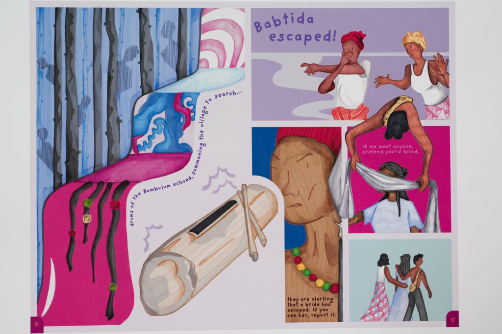 A colourful comic page depicting the story 'Babtida's Escape'.
