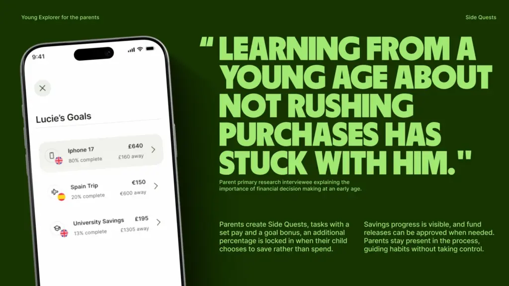 A smartphone displays a list of items with prices, including an iPhone and savings. Next to it, a large quote emphasizes the importance of learning financial decision-making young. Explanatory text about Side Quests and savings appears below.