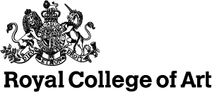Black and white crest with a lion and a unicorn, and text reading "Royal College of Art" underneath on a light background.