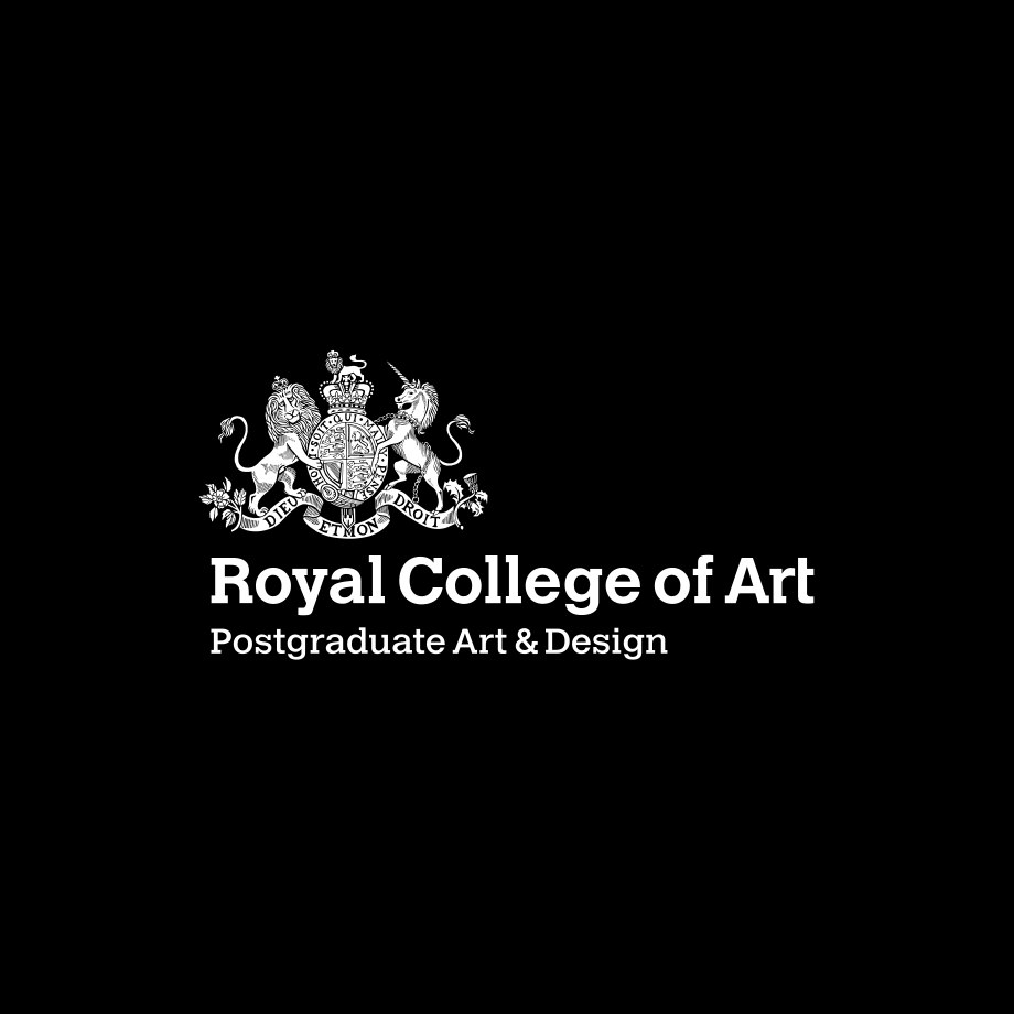 Royal College of Art logo with a detailed crest above the text "Royal College of Art Postgraduate Art & Design" on a black background.