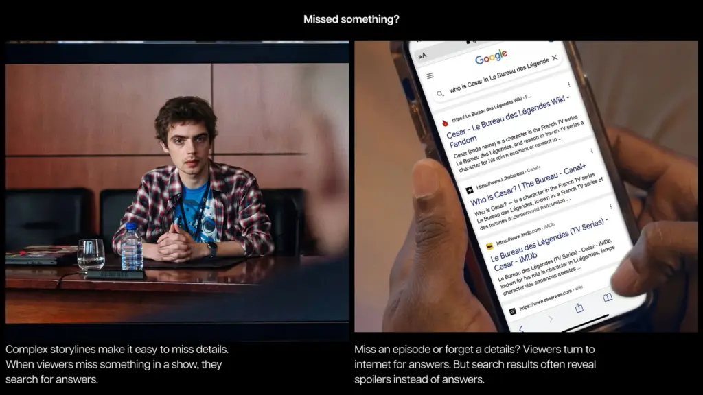 Split image: Left shows a young man in a plaid shirt sitting at a table, looking serious; right shows a hand holding a phone with Google search results about a TV show episode summary.