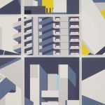 BA Illustration work by Charlotte Chesher showing brutalist architecture in blues and yellow