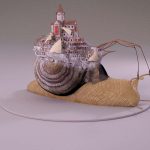 3D render by Nick Rollason depicts computer generated snap with city carved into shell and crane structure chained to antennae