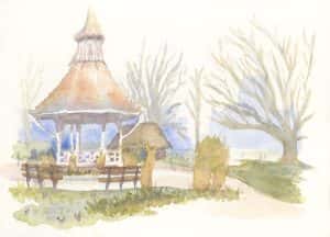 watercolour painting by NUA alum Kaelin O'Hare depicts a white rounded gazebo with a pointed roof and benches on a path leading away with some grass and bare trees