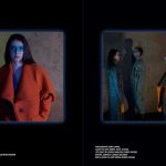 Image of two fashion portraits featuring models wearing bright clothing and blue make up mounted on a black background