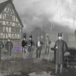 Image of some 17th century characters in a rainy scene