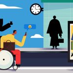 Illustration of a man in a wheelchair looking at his phone waiting at a train station by Adam Avery