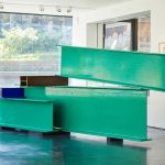 Green sculpture 'Sculpture seven' by Anthony Caro in the East Gallery at Norwich University of the Arts
