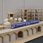 Train model made by BA Architecture students on a plinth at Norwich University of the Arts